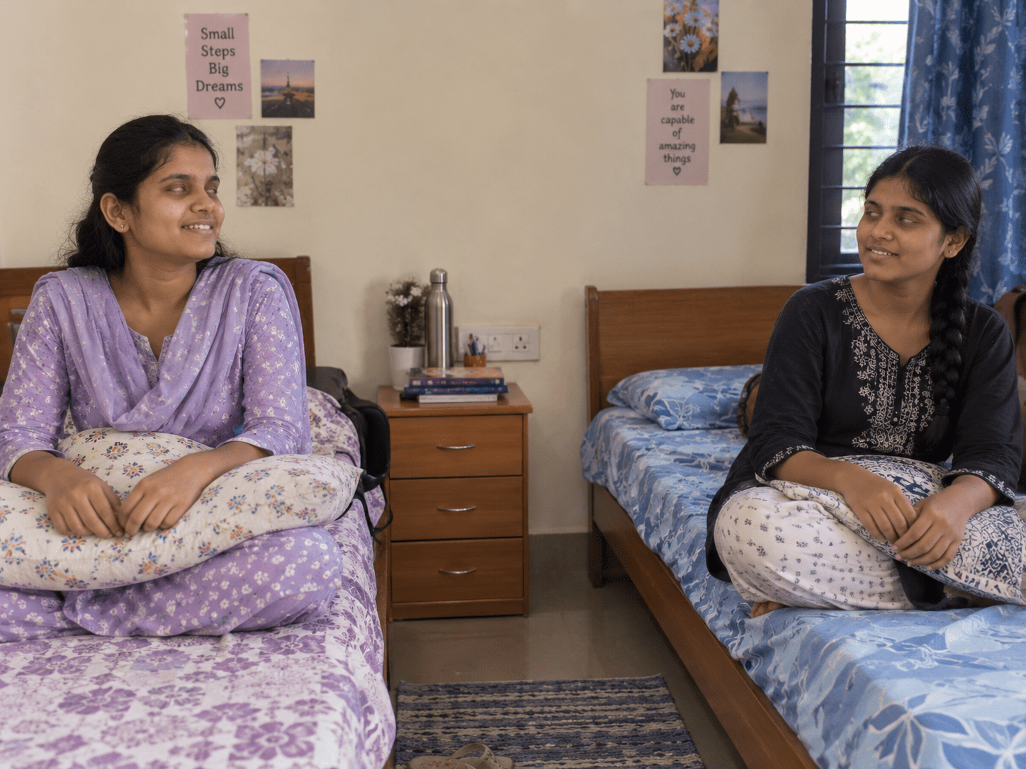 Two residents sitting on their beds in the hostel