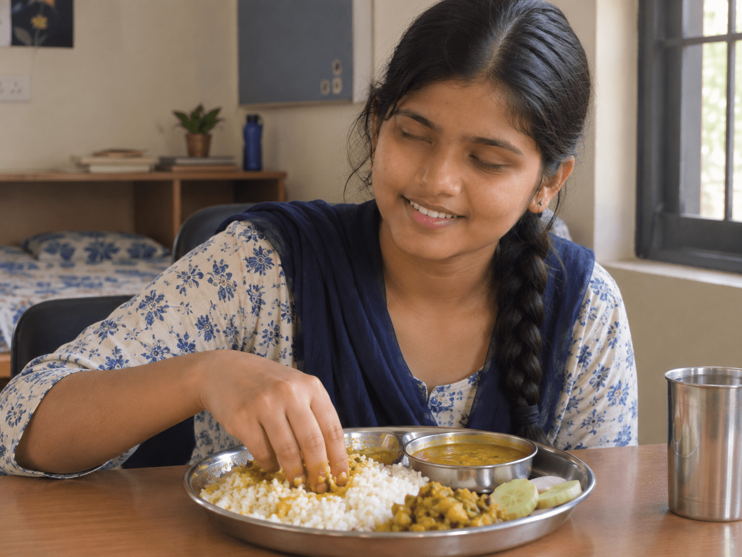 A resident having a meal at the hostel