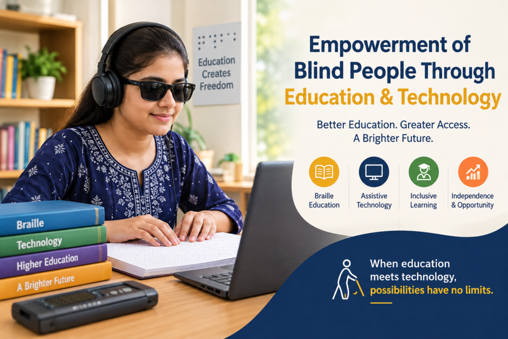 Blind student using assistive technology for education and independent learning