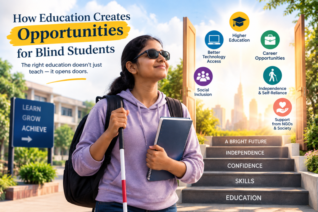 Visually impaired girl student with a white cane standing near steps representing education, skills, confidence, independence, and career opportunities.